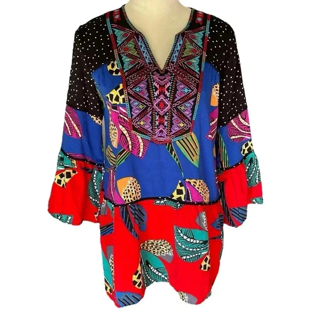 Caleoas Bohemian Floral Embroidered Tropical Tiered Tunic Top Blouse Women Sz‎ S
